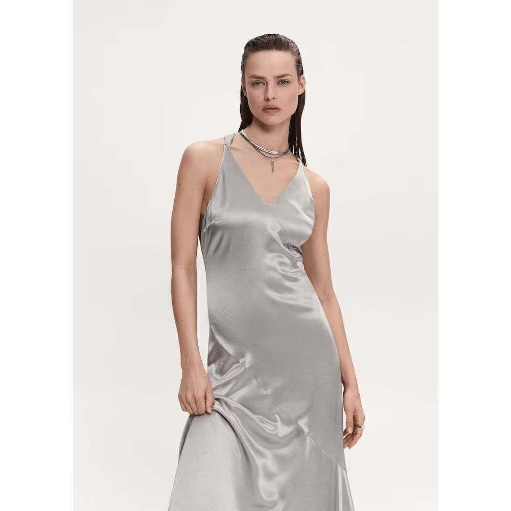 Mango MNG Dress‎ Womens 6 Silver Satin Finish Asymmetric Hem Sleeveless Maxi NWT